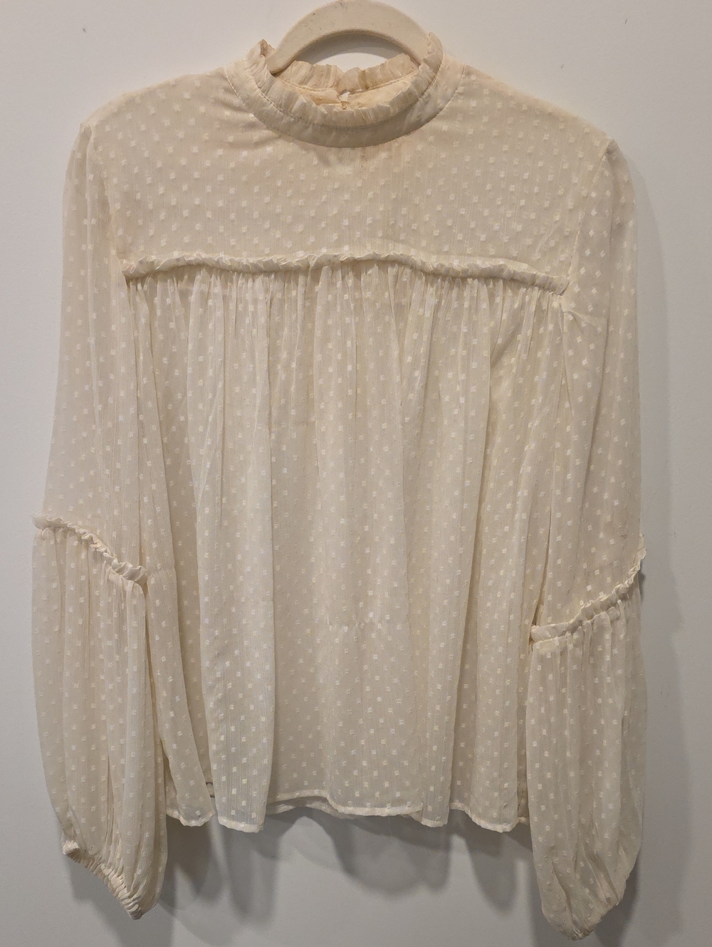 H&M Cream Swiss Dot Ruffle Mock Neck Blouse
